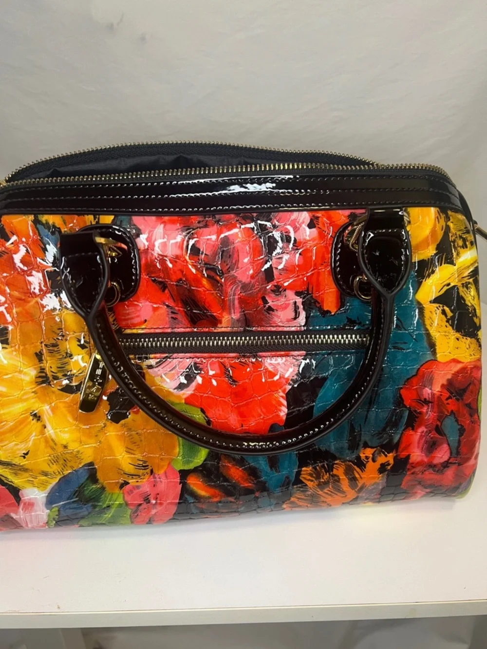Feimina Genuine Leather embossed Floral Patent Satchel Handbag - Picture 3 of 16
